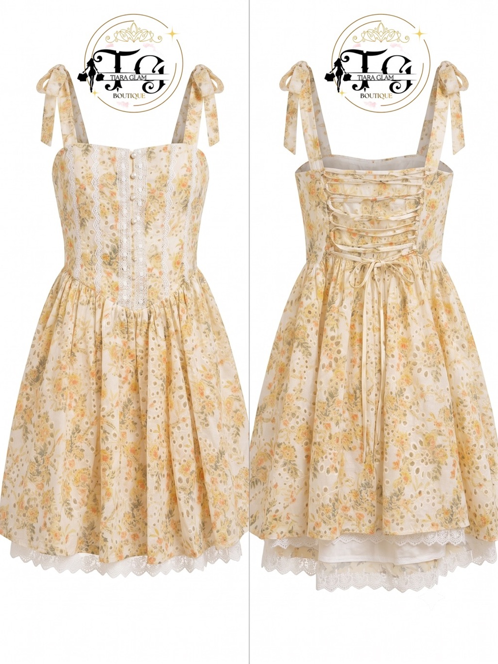 Tiara Glam Boutique Yellow Floral Lace-Up Mini Dress - Picture 1 of 3